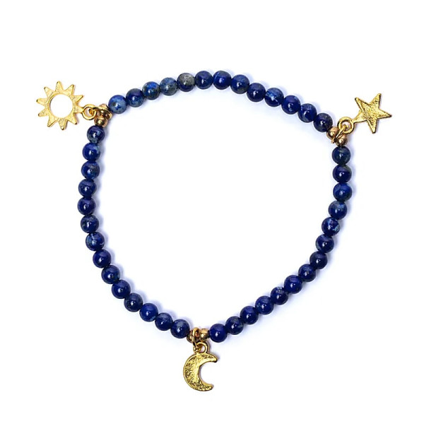 Bracelet élastique lapis breloque étoile/lune/soleil perles 4mm