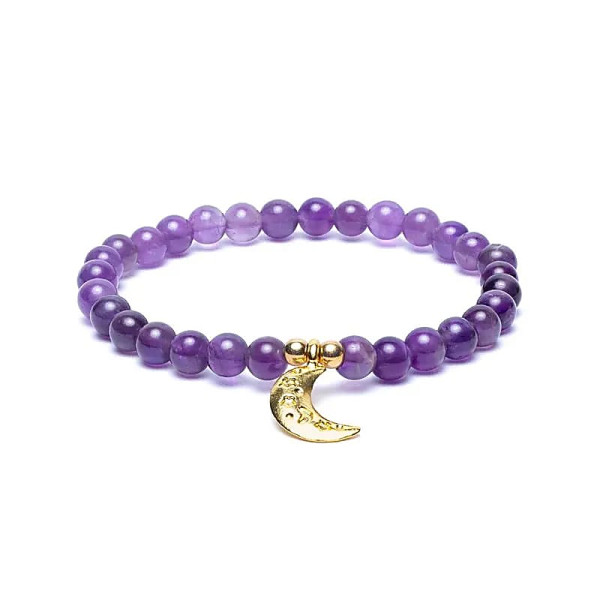 Bracelet élastique breloque lune améthyste perles 6mm