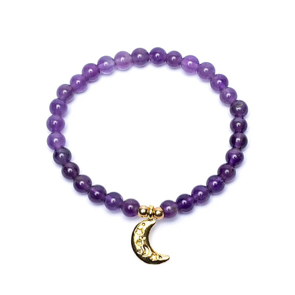 Bracelet élastique breloque lune améthyste perles 6mm