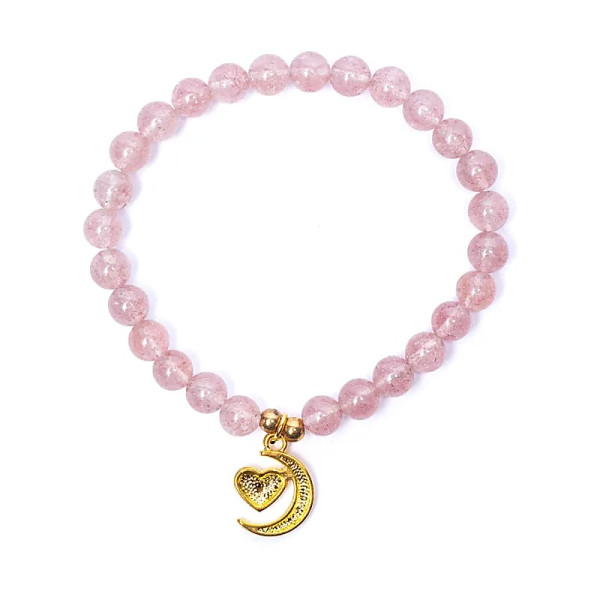 Bracelet élastique quartz fraise breloque coeur/lune perles 6mm