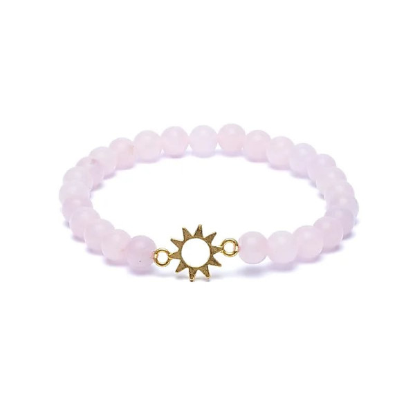 Bracelet élastique breloque soleil quartz rose perles -- 6mm