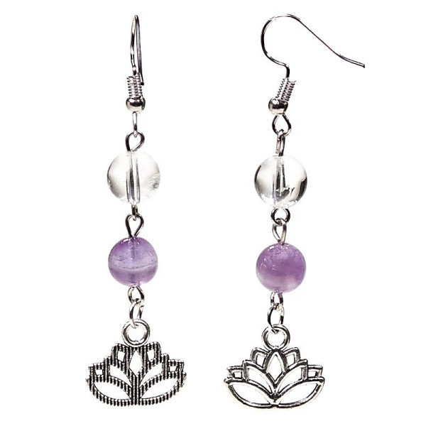 Boucles d'oreille Amethyste chevron/Cristal de roche  lotus -- 8mm