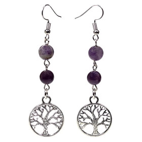 Boucles d'oreilles fluorite/améthyste arbre de vie -- 8 mm