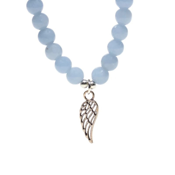 Bracelet en angélite élastique avec aile d'ange -- 0.6 cm