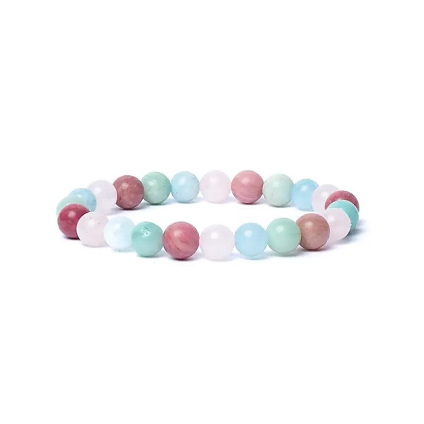 Bracelet aigue-marine/quartz rose/amazonite/thulite élastique qualité AA -- 0,8 cm