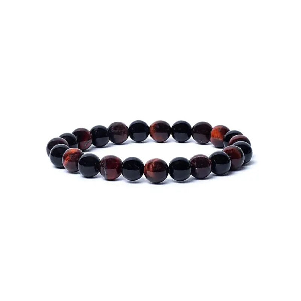 Bracelet onyx noir/oeil de tigre rouge élastique qualité AA -- 0,8 cm