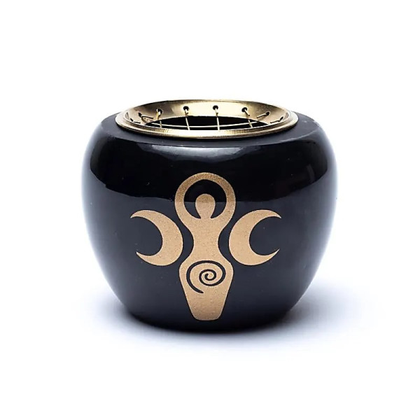 Brûleur d'encens symbole de déesse noir & or -- 9x7cm