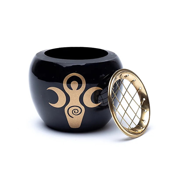 Brûleur d'encens symbole de déesse noir & or -- 9x7cm