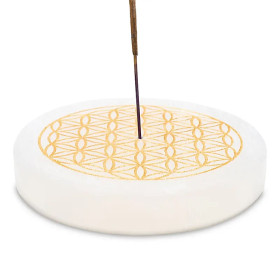 Porte-encens en sélénite fleur de vie ronde -- 9 cm； 260 g