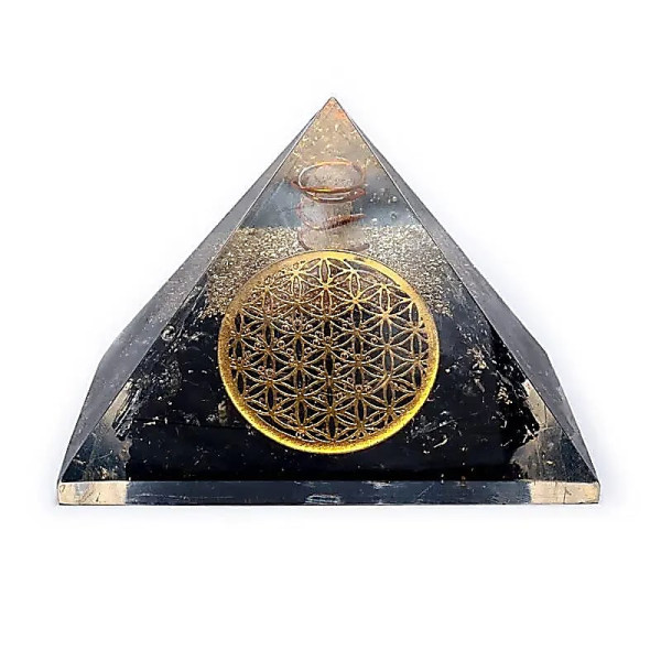 Pyramide en Cristal à pointes de tourmaline noire avec Fleur