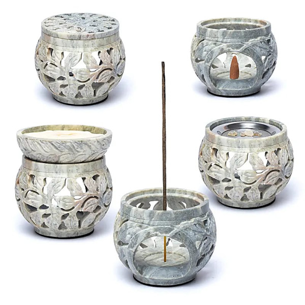 Brûleur multi-usages en stéatite marbrée motif floral -- 11x11cm