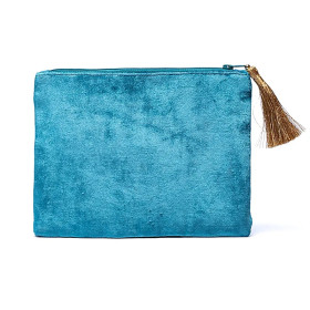 Pochette zippée en velours bleu à fleurs -- 20x15 cm