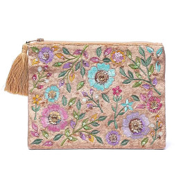 Pochette zippée en velours beige à fleurs -- 20x15 cm