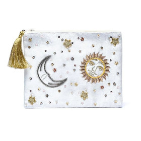 Pochette zippée en velours Blanc avec Soleil et Lune  -- 20x15 cm