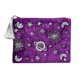 Pochette zippée en velours violet avec galaxie -- 20x15 cm