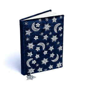 Carnet de notes velours bleu foncé avec lune et étoiles -- 20x15 cm