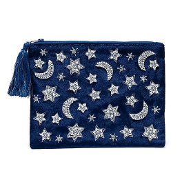 Pochette zippée en velours bleu foncé avec lune et étoiles -- 20x15 cm
