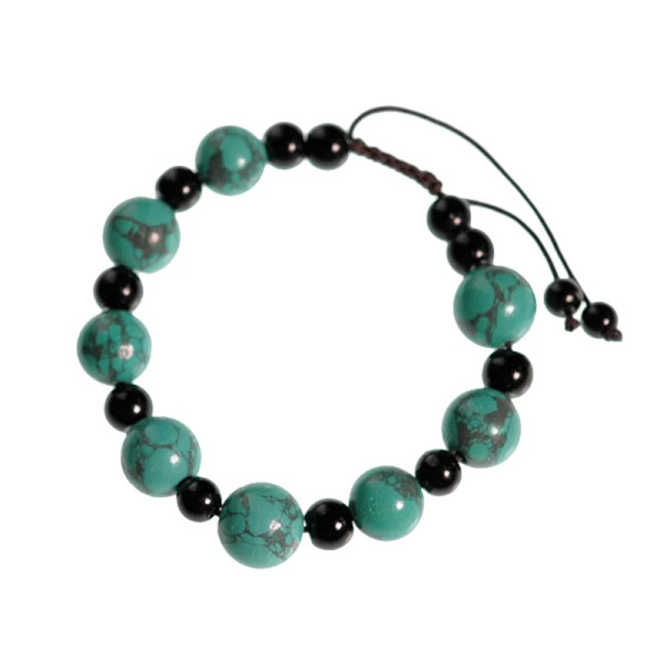 Bracelet turquoise et agate noir ajustable -- ±7 cm