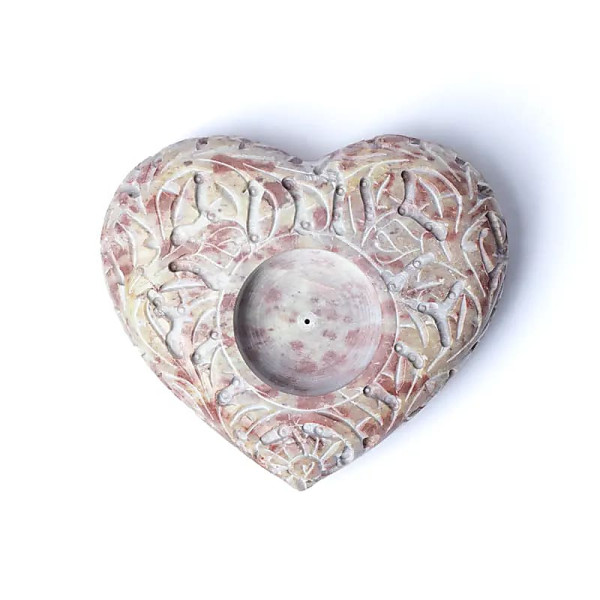Bougeoir/brûle encens coeur pierre ollaire naturelle -- 9x11cm