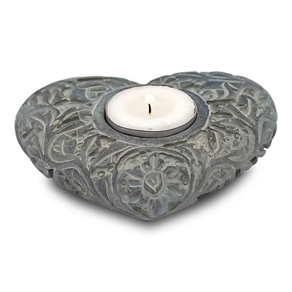 Bougeoir/brûle encens coeur en pierre ollaire gris -- 9x11 cm