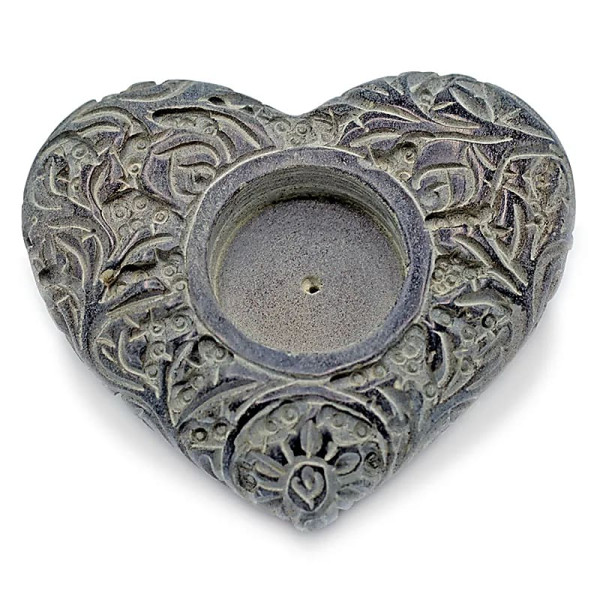 Bougeoir/brûle encens coeur en pierre ollaire gris -- 9x11 cm