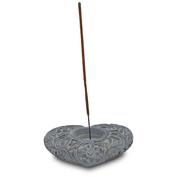 Bougeoir/brûle encens coeur en pierre ollaire gris -- 9x11 cm