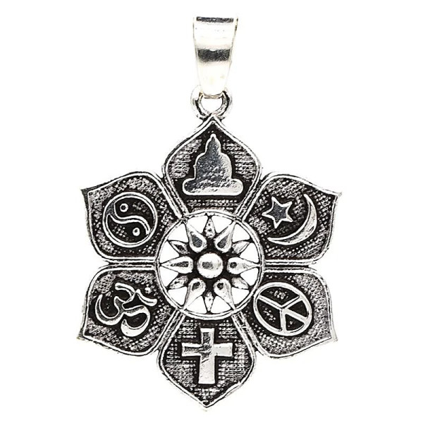 Pendentif lotus avec symboles religieux -- 2.8 cm