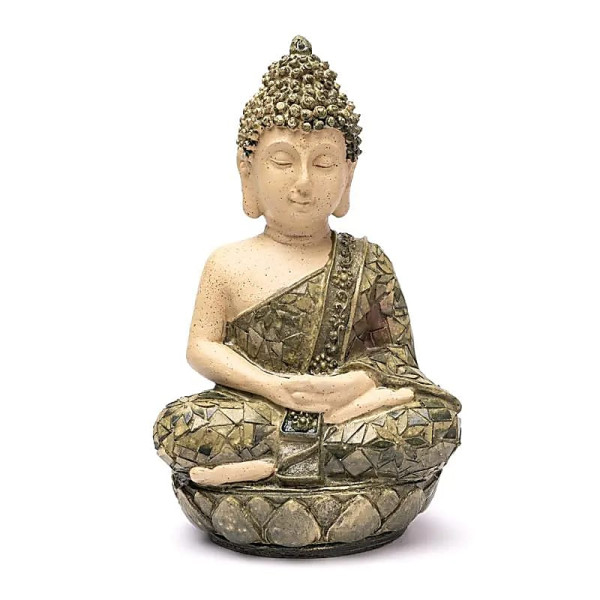 Statue Bouddha méditation mosaïque verte -- 19x14x25,5 cm