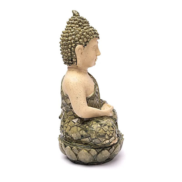 Statue Bouddha méditation mosaïque verte -- 19x14x25,5 cm