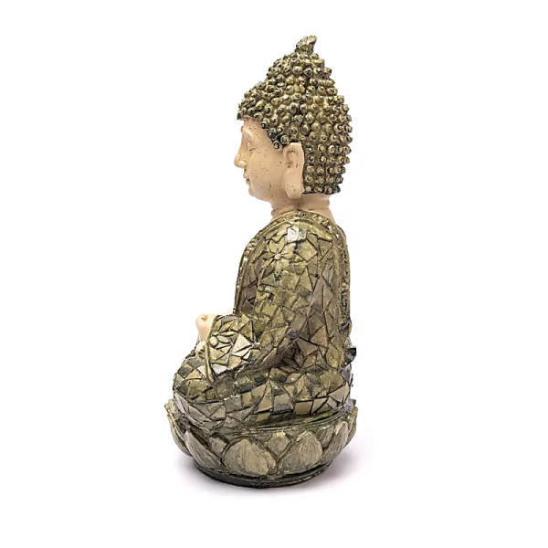 Statue Bouddha méditation mosaïque verte -- 19x14x25,5 cm