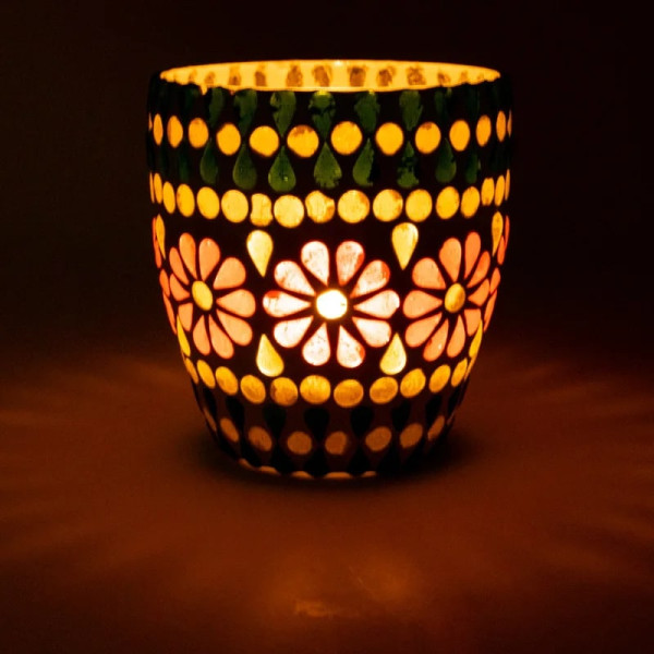 Photophore mosaïque vert/jaune -- 10cm