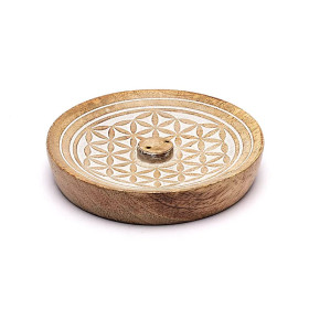 Brûleur d'encens Fleur de Vie bois de manguier -- 12,5x12,5x2,5 cm