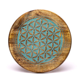 Table d'appoint impression bleue Fleur de Vie bois de manguier -- 30x30x31 cm