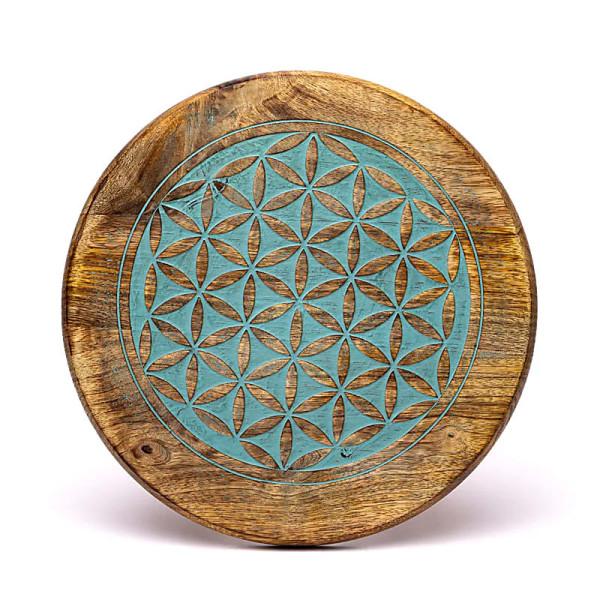 Table d'appoint impression bleue Fleur de Vie bois de manguier -- 30x30x31 cm