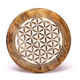 Table d'appoint impression blanche Fleur de Vie bois de manguier -- 30x30x31 cm