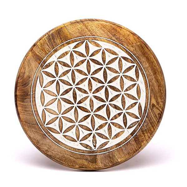 Table d'appoint impression blanche Fleur de Vie bois de manguier -- 30x30x31 cm