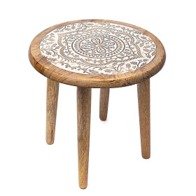 Table d'appoint impression blanche Fleur de Vie bois de manguier -- 30x30x31 cm impression mandala bois de manguier -- 30x30x31 