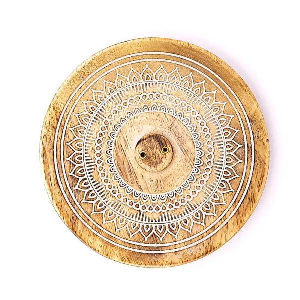 Brûleur d'encens mandala imprimé bois de manguier -- 12,5x12,5x2,5 cm