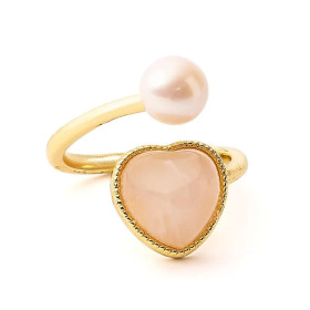 Bague ajustable avec perle et cœur en quartz rose -- ±2 cm