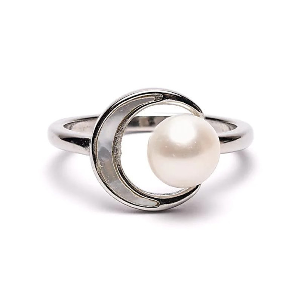 Bague ajustable perle et lune -- ±2 cm
