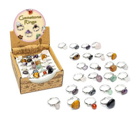 Assortiment de bagues en pierres précieuses 24 pièces dans une boîte présentoir -- 11x11x6cm