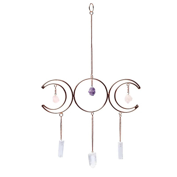 Pendentif fenêtre triple lune, triangle d'or et sélénite -- ±34x22cm