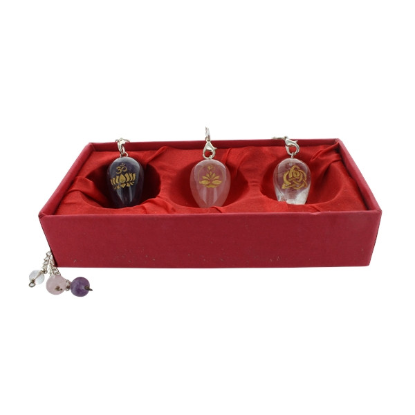 Coffret 3 pendules en pierre : Amethyste, Quartz Rose et Cristal de Roche
