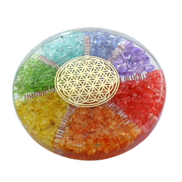 Sous verre Orgonite 7 Chakras avec symbole Fleur de Vie