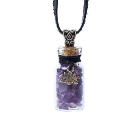 Fiole cadeau en verre sur corde améthyste et lotus -- 3,6 cm