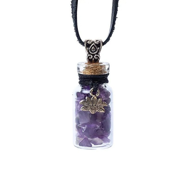 Fiole cadeau en verre sur corde améthyste et lotus -- 3,6 cm
