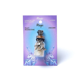 Fiole cadeau en verre sur corde pierre de lune multicolore et licorne -- 3,6 cm