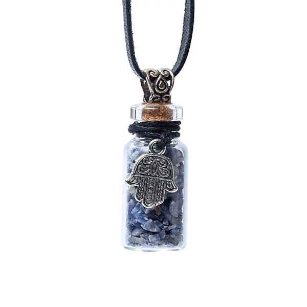 Fiole cadeau en verre sur corde lapis lazuli et khamsa -- 3,6 cm