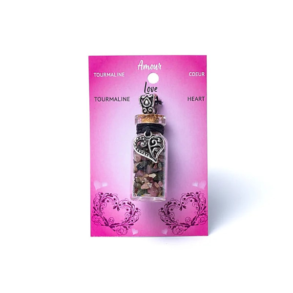 Fiole cadeau en verre sur corde tourmaline et coeur -- 3,6 cm