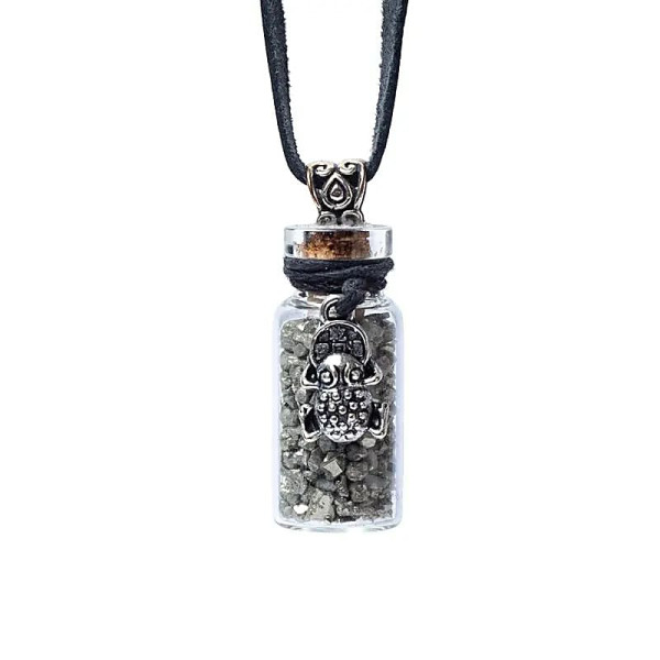 Fiole cadeau en verre sur corde pyrite et grenouille feng shui -- 3,6 cm